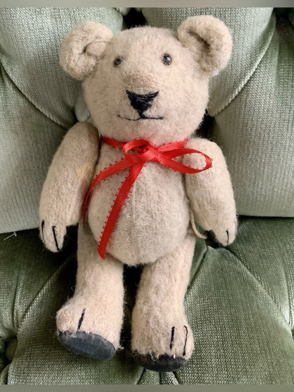 Handmade Cream Felt Teddy Bear with Red Ribbon